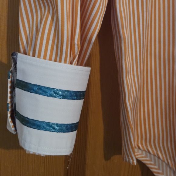 Robert Graham X Mens Orange Stripe Long Sleeve Flip Cuff Dress Shirt - Sz M - Picture 6 of 11